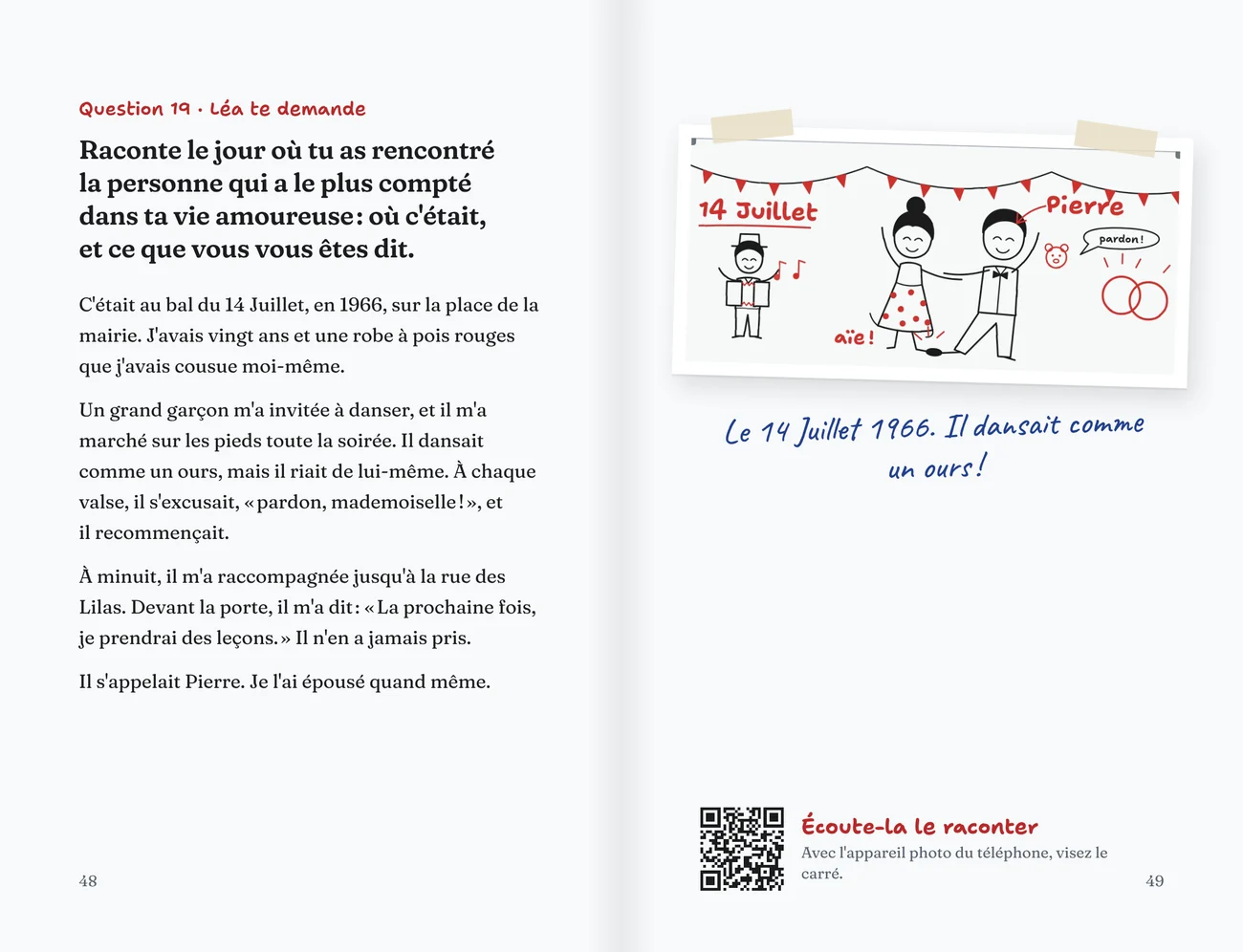 Une double page du livre : la question, sa réponse, et un dessin du bal